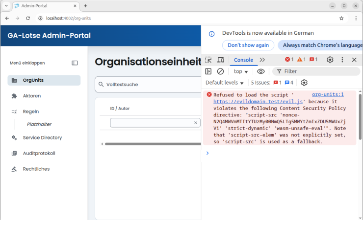 Screenshot of the browser with the URL to be tested. The dev tool is open and shows the error message: Refused to load the script https://evildomain.test/evil.js because it violates the following Content Security Policy directive: script-src nonce-N2Q4MWMmMTIyTUzMy0NmQ5LTg5MWYtZmIxZDUSMWUxZjVi strict-dynamic wasm-unsafe-eval. Note that script-src-elem was not explicitly set, so script-src is used as a fallback. (Backticks and code quotation marks have been erased in this alternative text for technical reasons in order not to disrupt the HTML syntax in the CMS.)